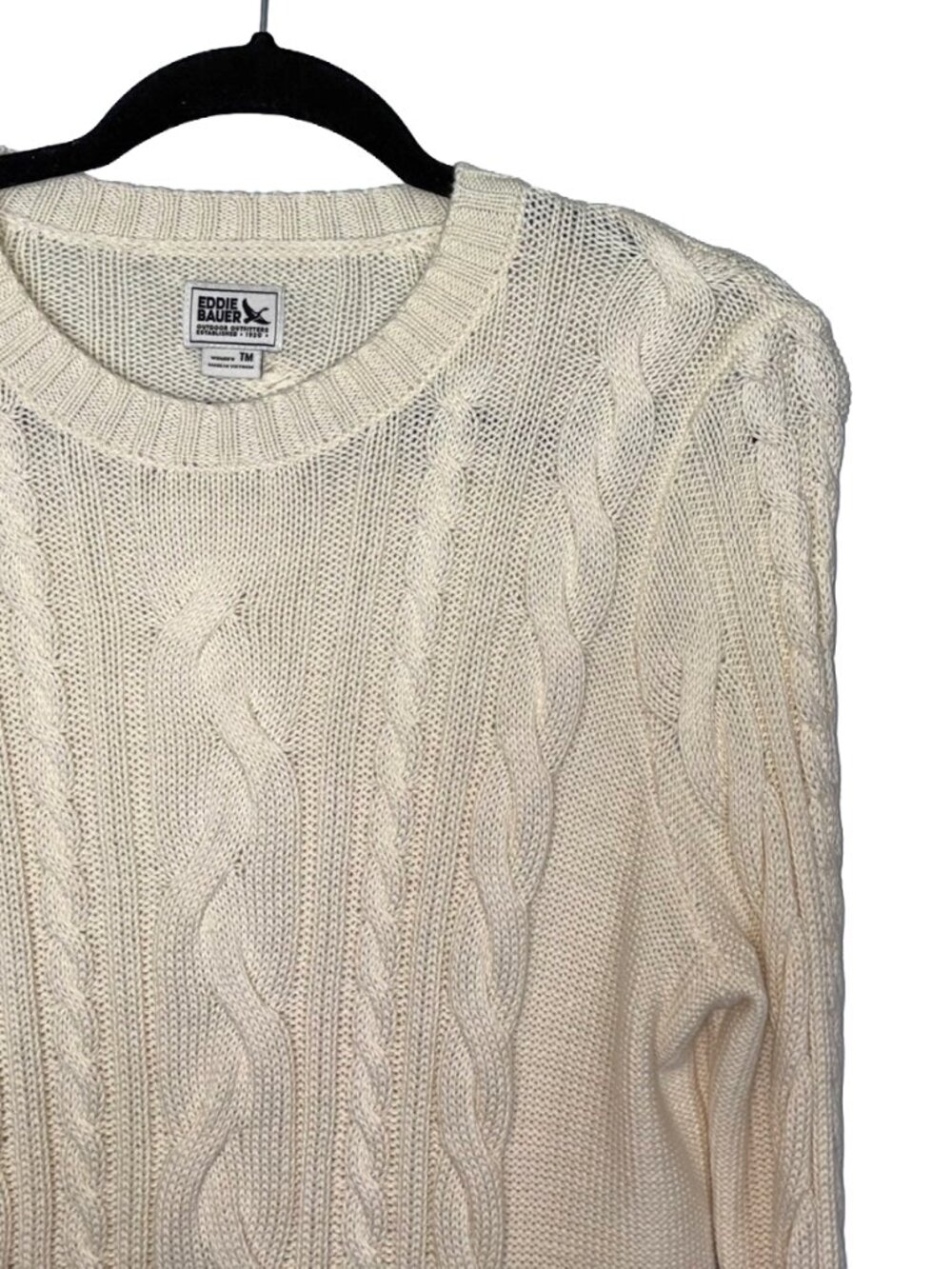 Eddie Bauer 100% Cotton Ivory Cable Knit Crew Neck Sweater - Size MT